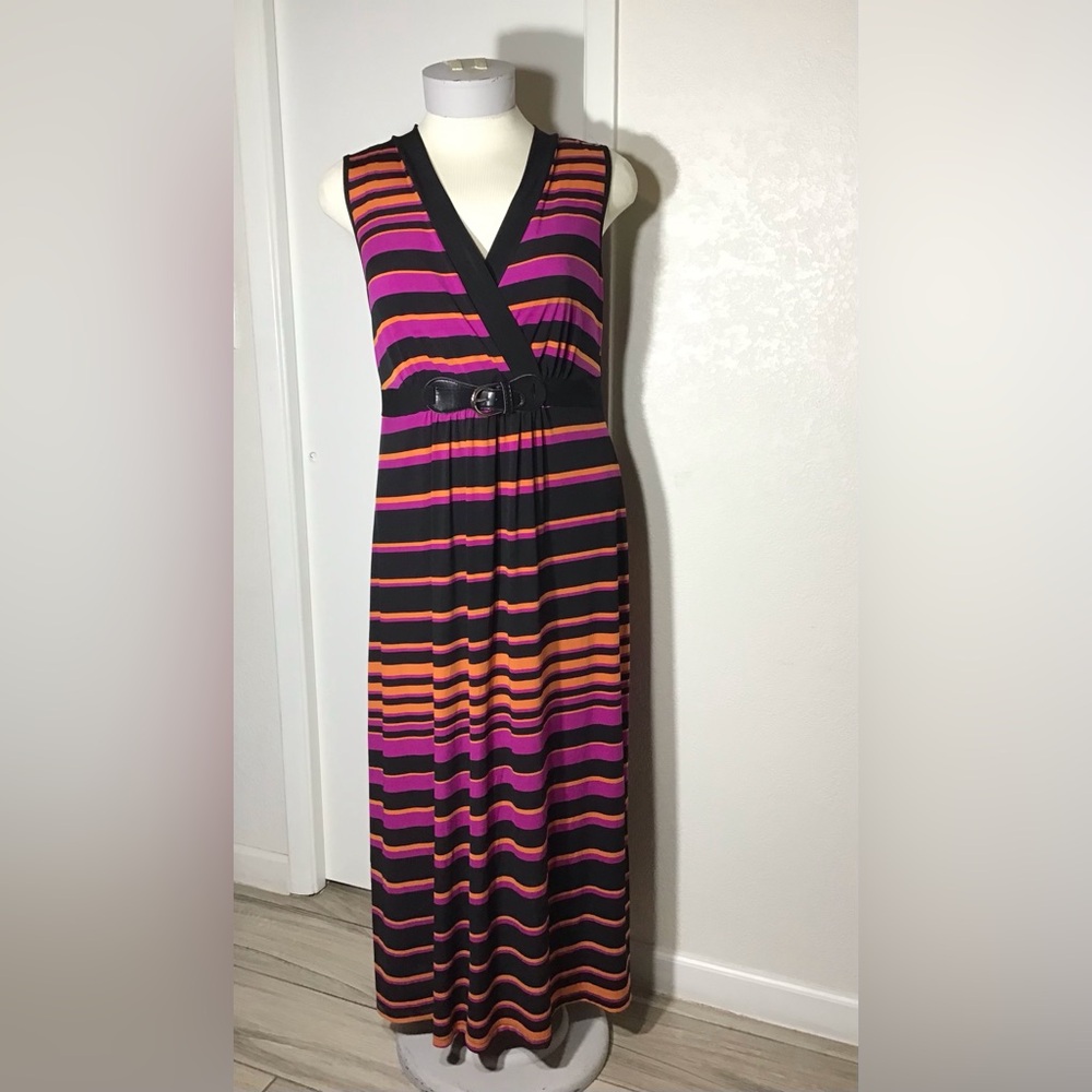 Susan Lawrence Black, Purple & Orange Striped Sleeveless Wrap Maxi Dress